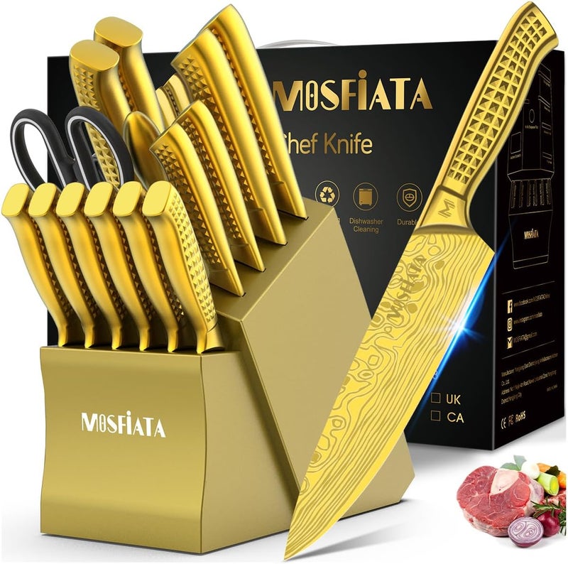 MOSFiATA Kitchen Knife Set, 17 Pcs Japanese Stainless Steel Knife Sets for Kitchen with Block with Knife Sharpening Rod, Dishwasher Safe, Gift Set,Titanium Plated Knife Block Set - Image 1